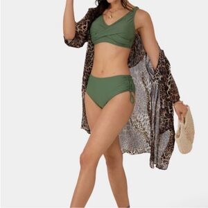NWT Halara Olive Green Twist-Front Bikini Top with Tie-Side Bottoms